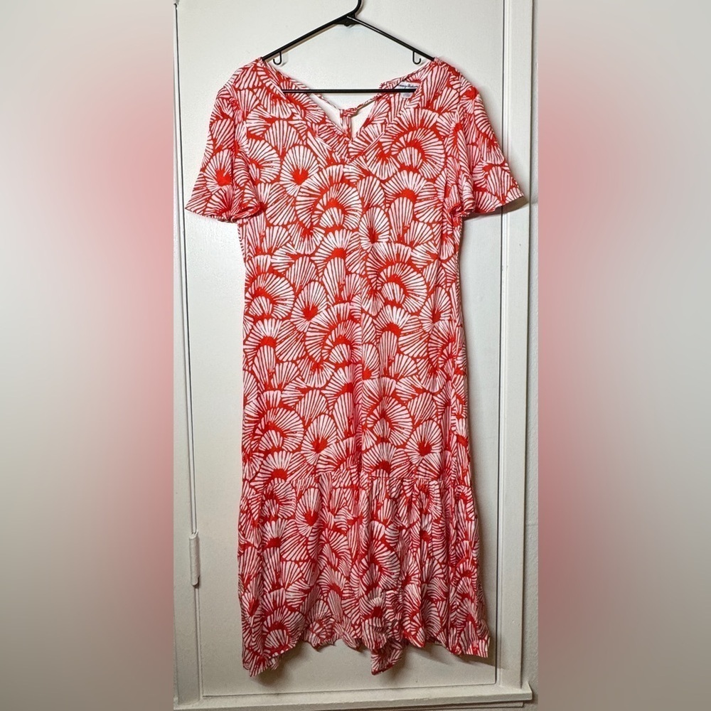 Tommy Bahama Shell We Dance Poppy Red White Tropical Midi Flutter Dress Small